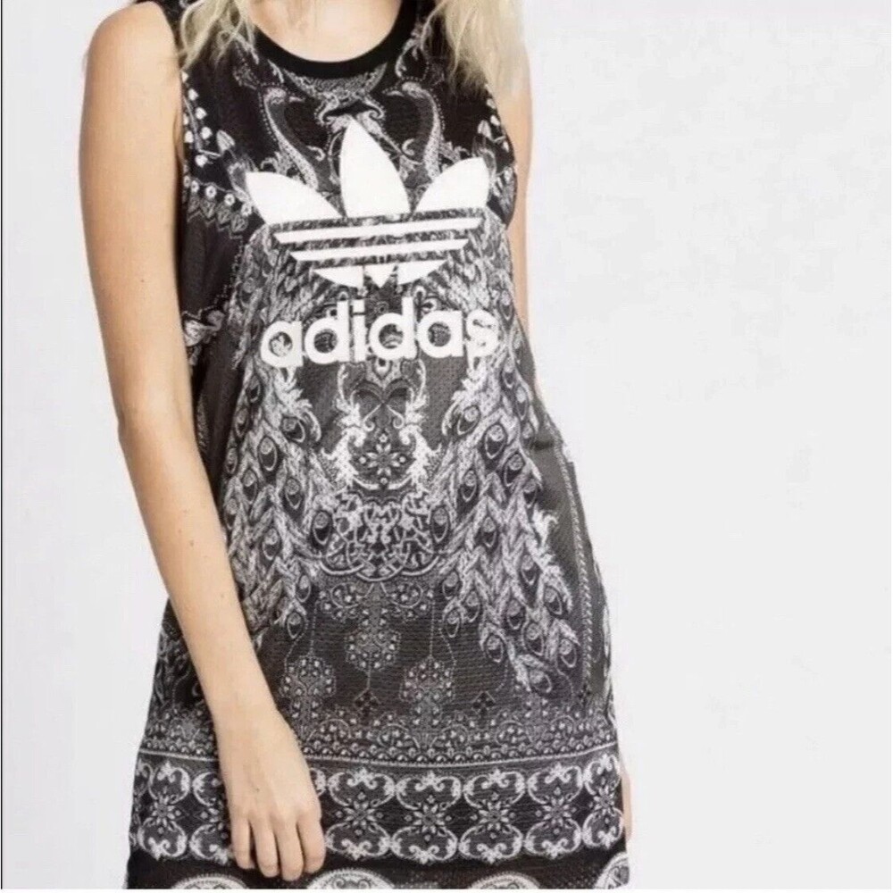 ADIDAS ORIGINALS Pavao Tank Dress Womens XS Black Peacock Sleeveless Mesh Mini